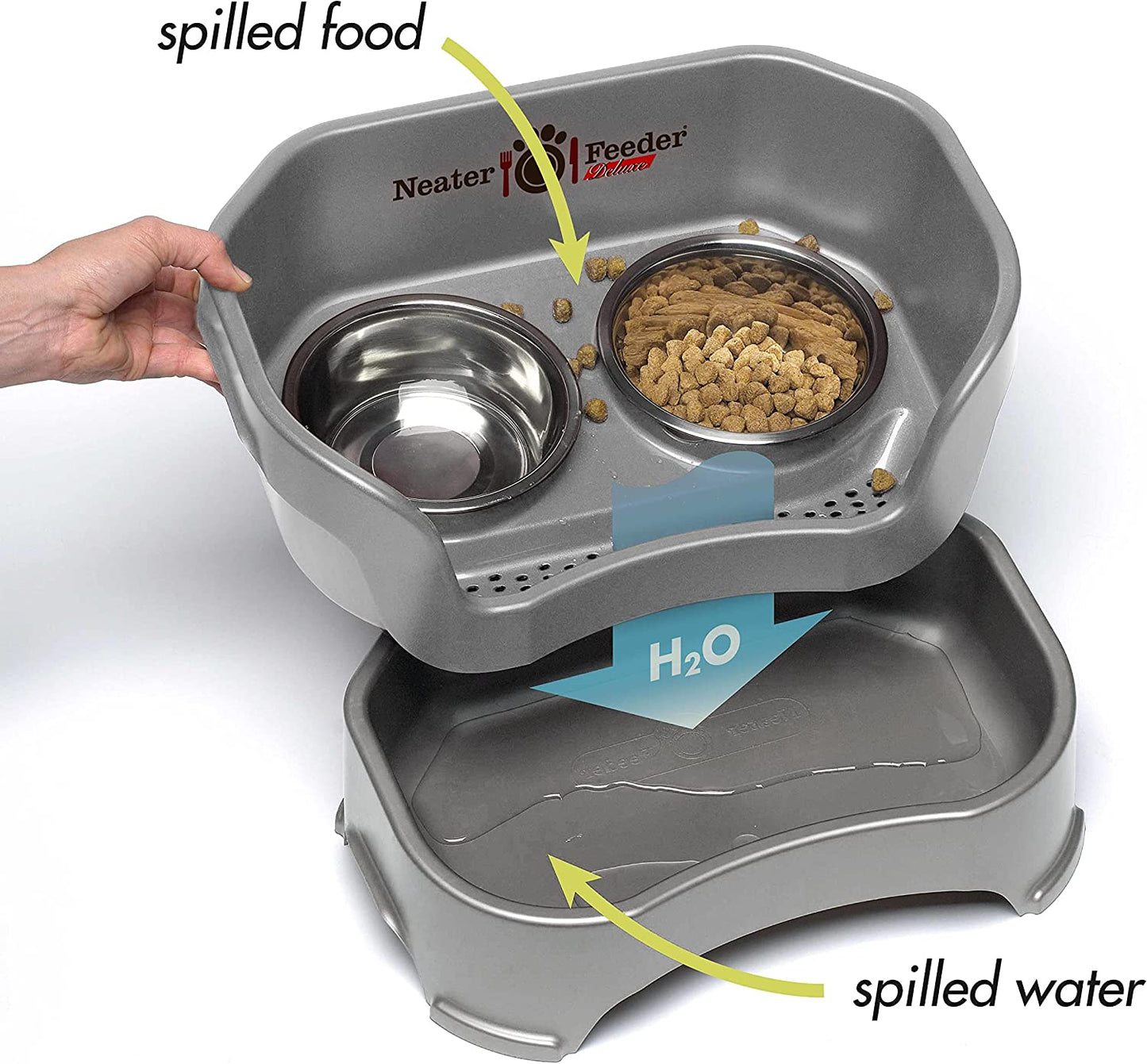 Neater Feeder Deluxe Mess Proof Dog Bowls Elevated Medium Sized Dogs (19-40 Lbs) Made in USA, No Spill Raised Dog Food Bowl Stand W/Leg Extension, Stainless Steel Food and Water Bowl Set, Grey